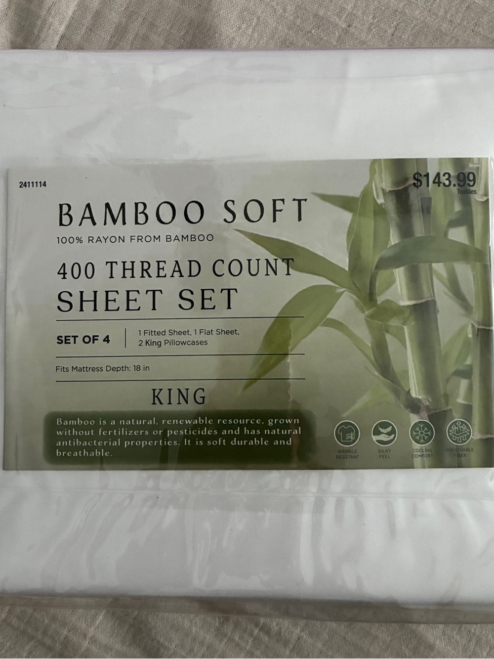 Bamboo Soft, 4 pc Bamboo King Sheet Set in White, 400 Thread Count, NEW! $144 - Picture 2 of 4